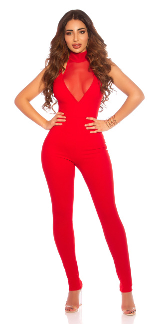Neck Jumpsuit with Mesh Red